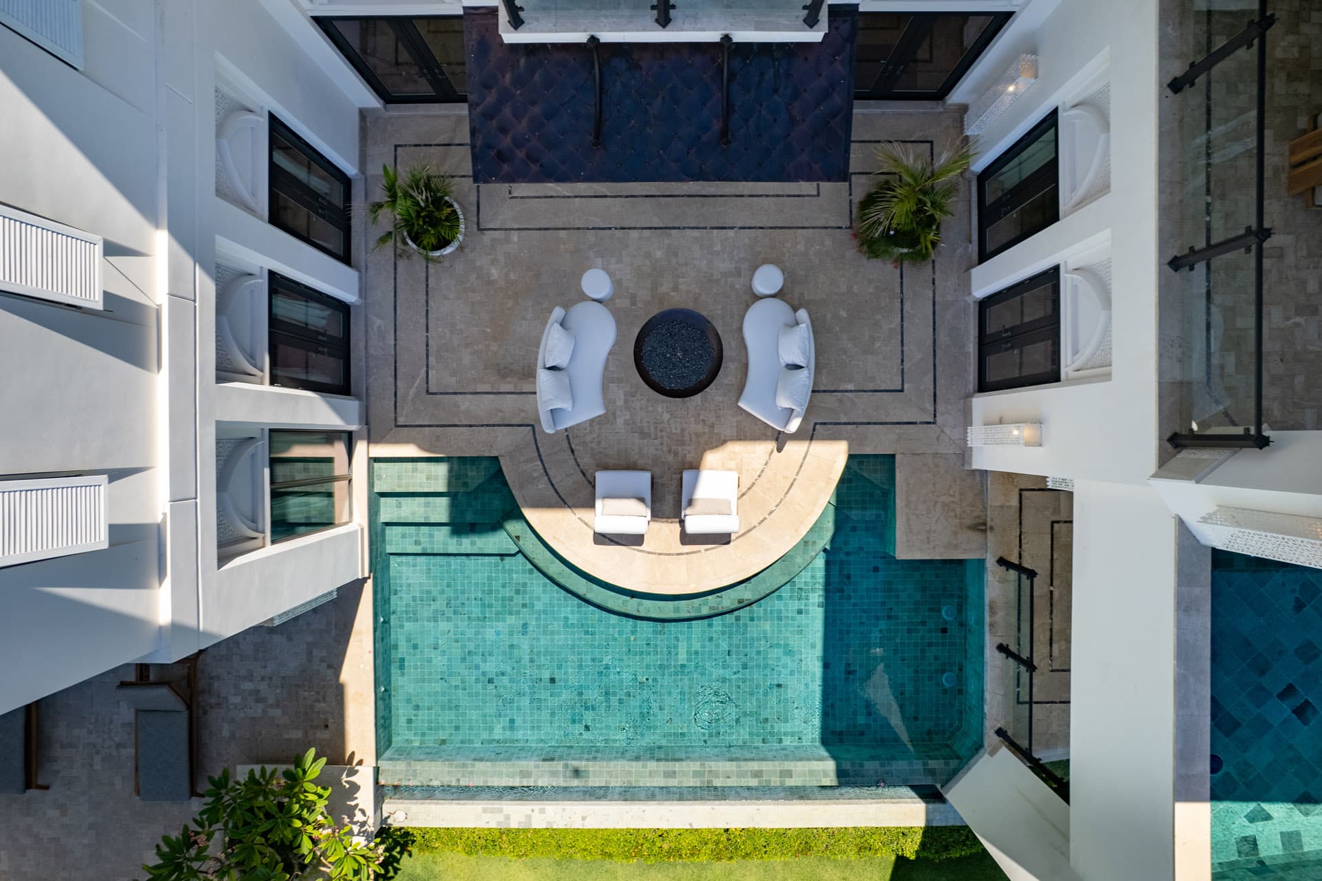 Infinity pool and fire pit terrace from above
