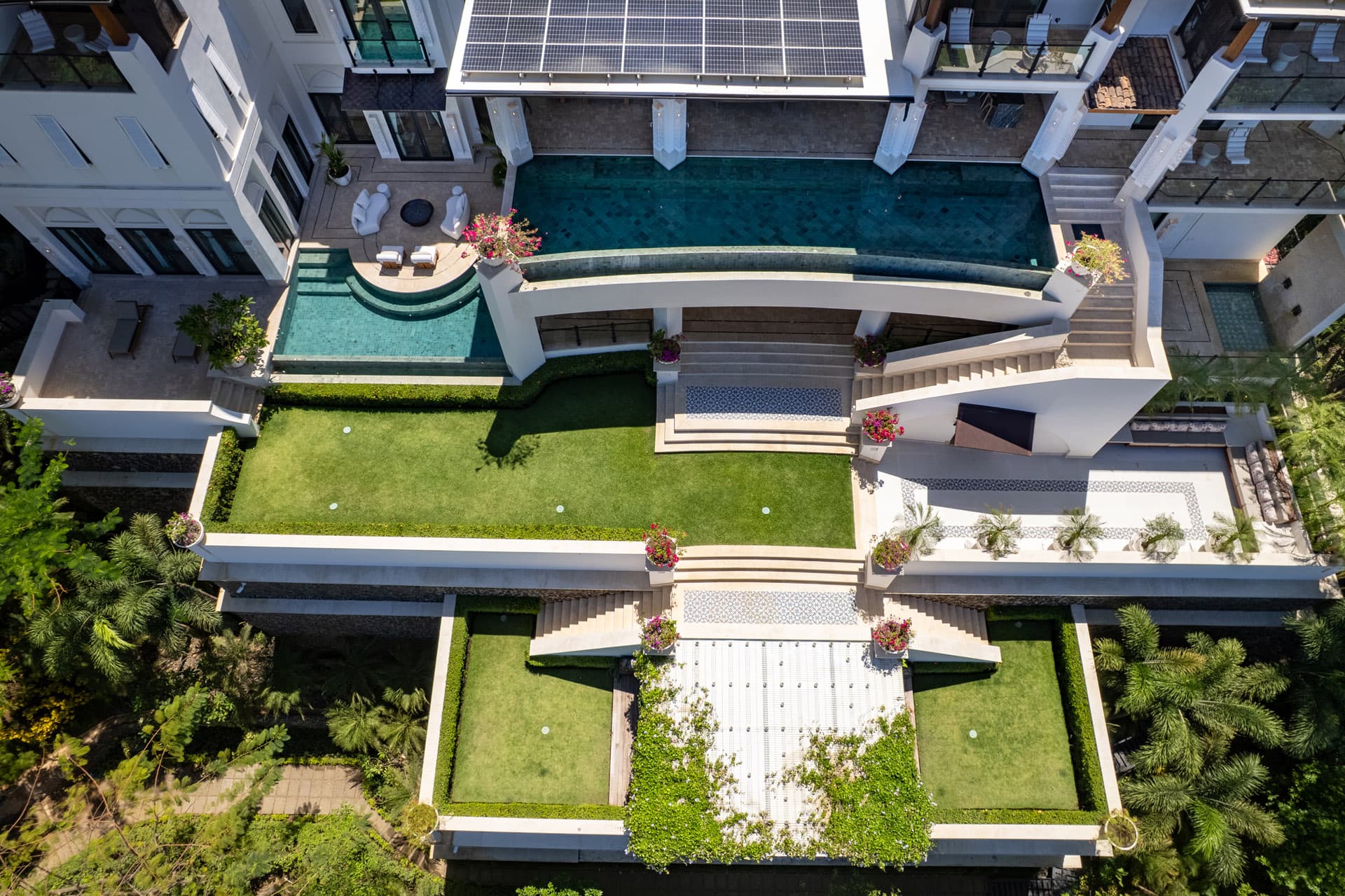 Terraced gardens and pool viewed from above