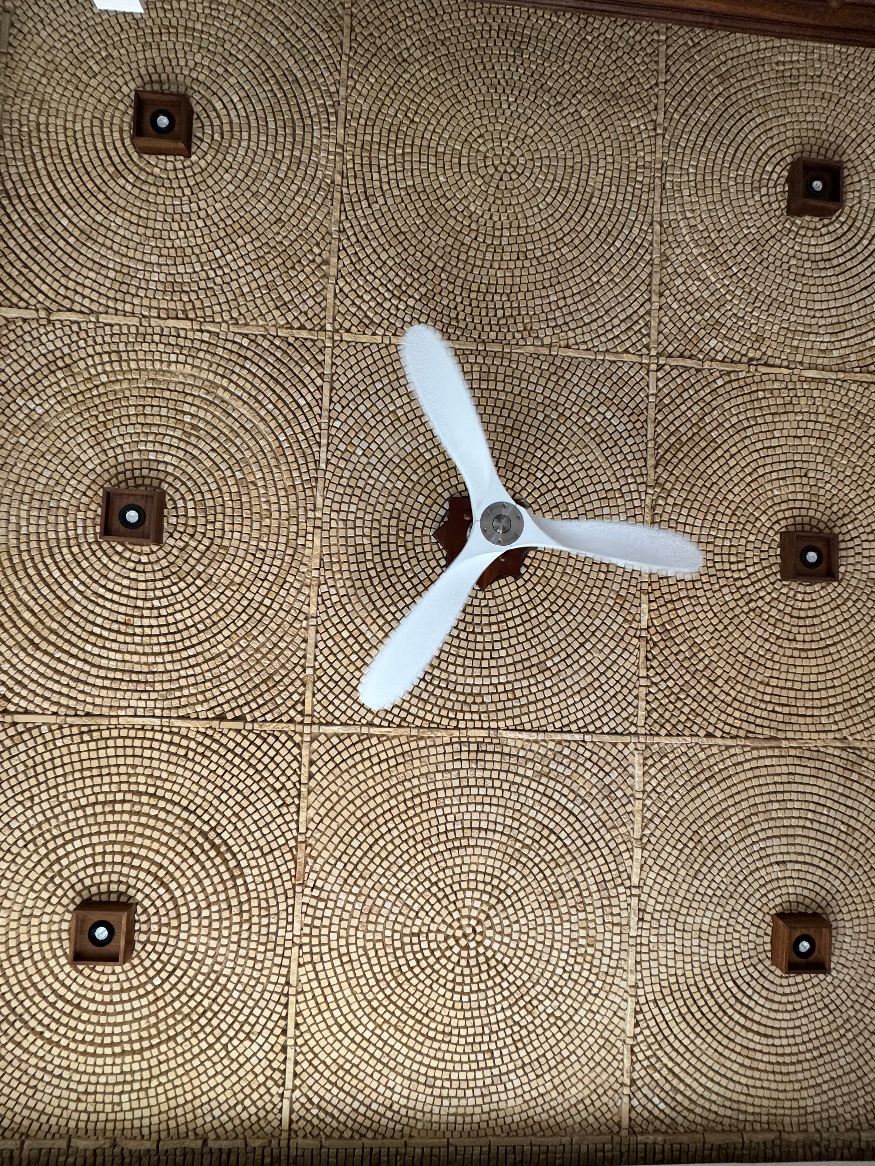 Hand-applied stone ceiling in the Upper Primary Suite -- concentric circles across a nine-panel 3×3 grid, each panel framed in dark wood